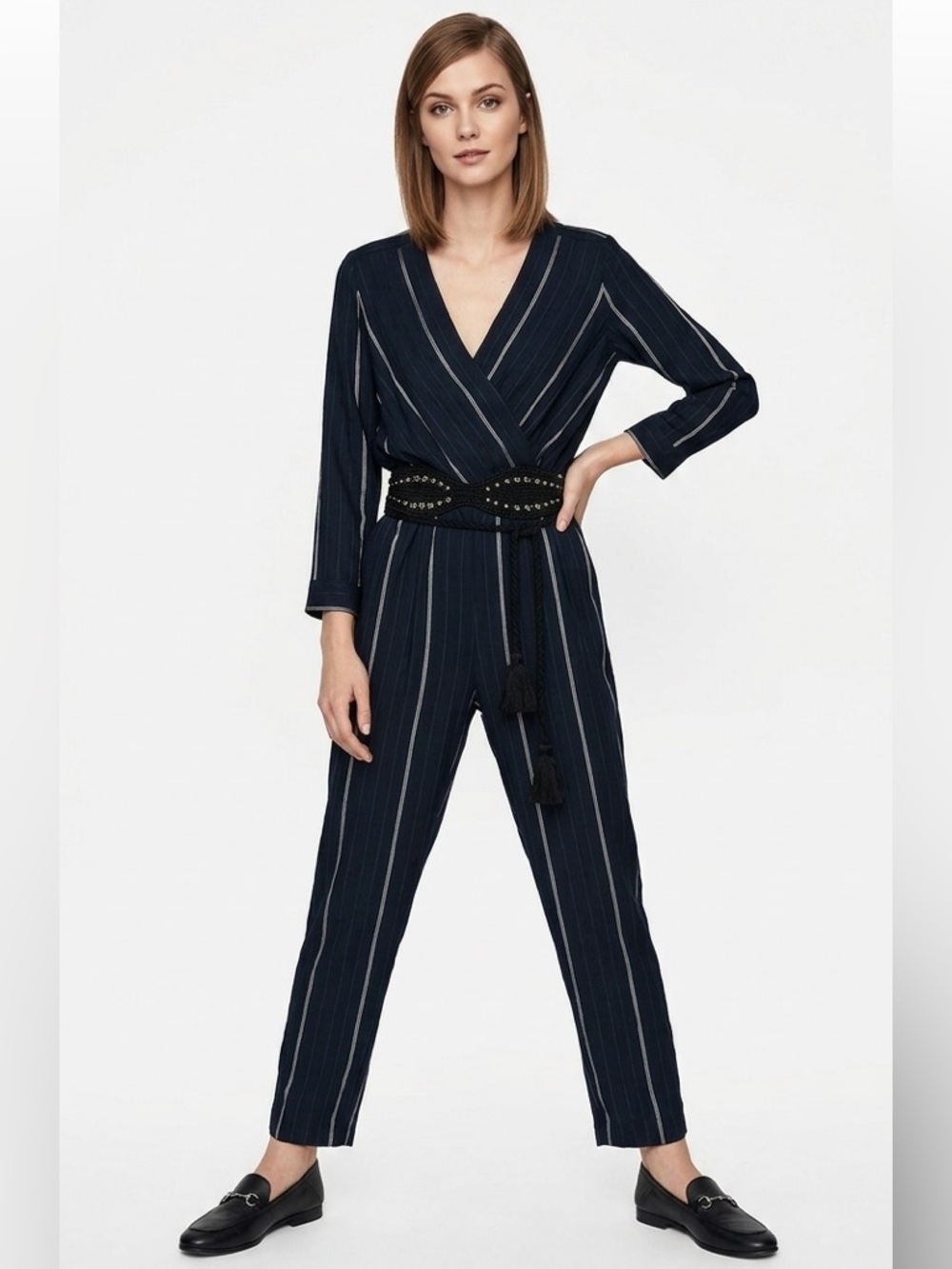 MAJE Pant V-neck Pinstriped Woven Jumpsuit Navy Size 36 Small Office Preppy